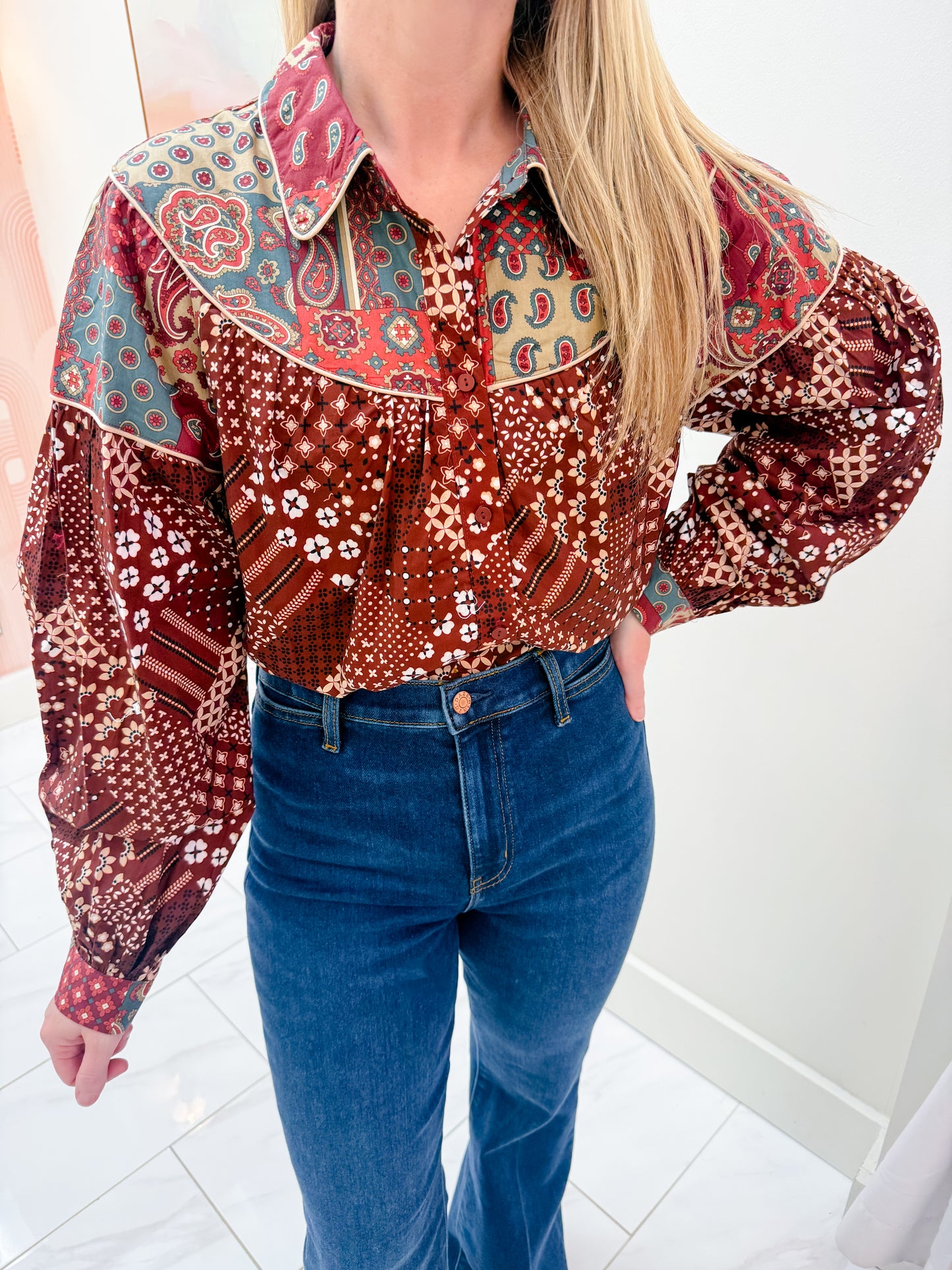 Della Patchwork Button Blouse