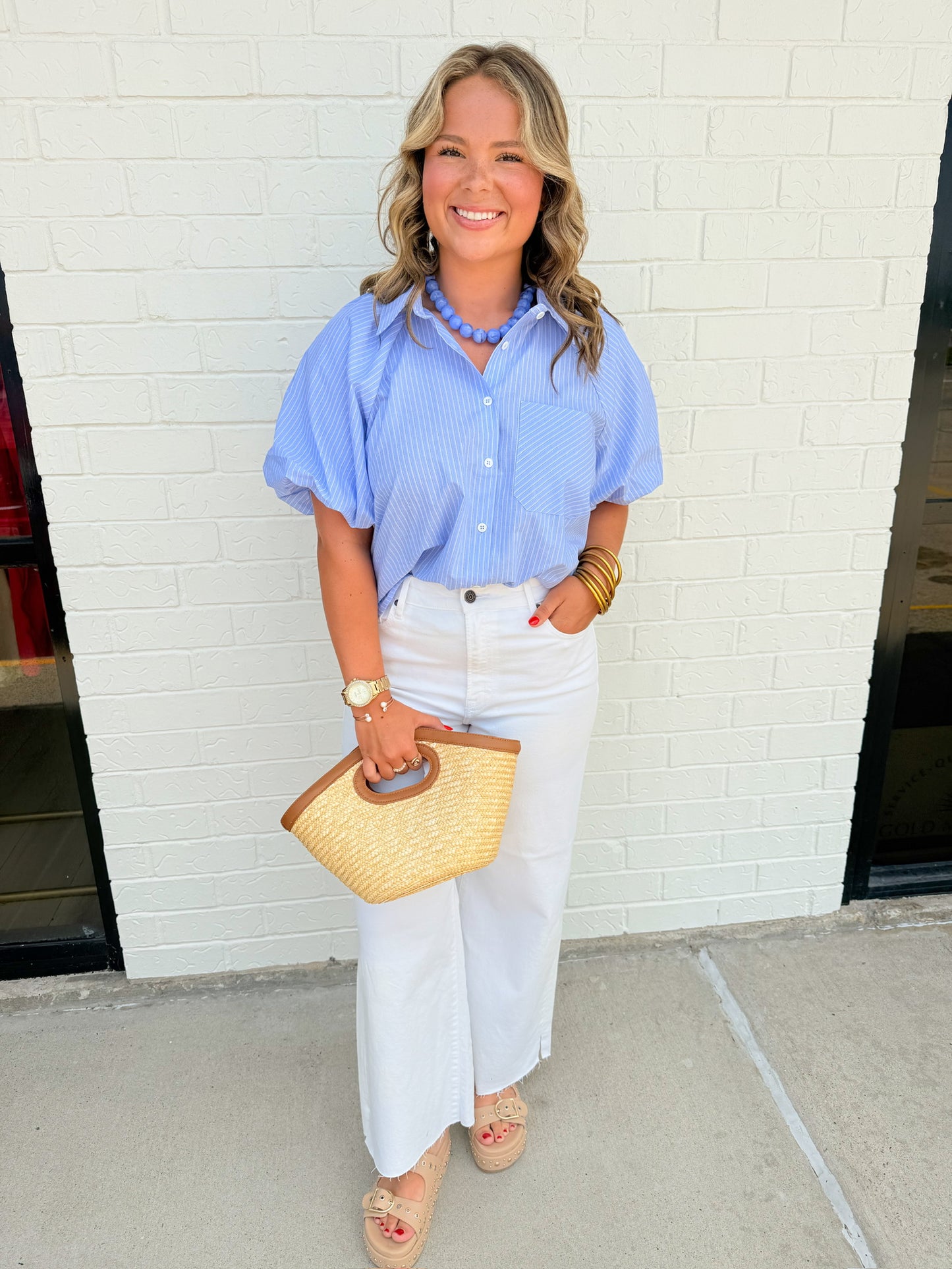 Striped Puff Sleeve Button Up