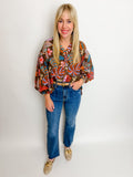 Floral Frond Puff Sleeve Button Down Blouse