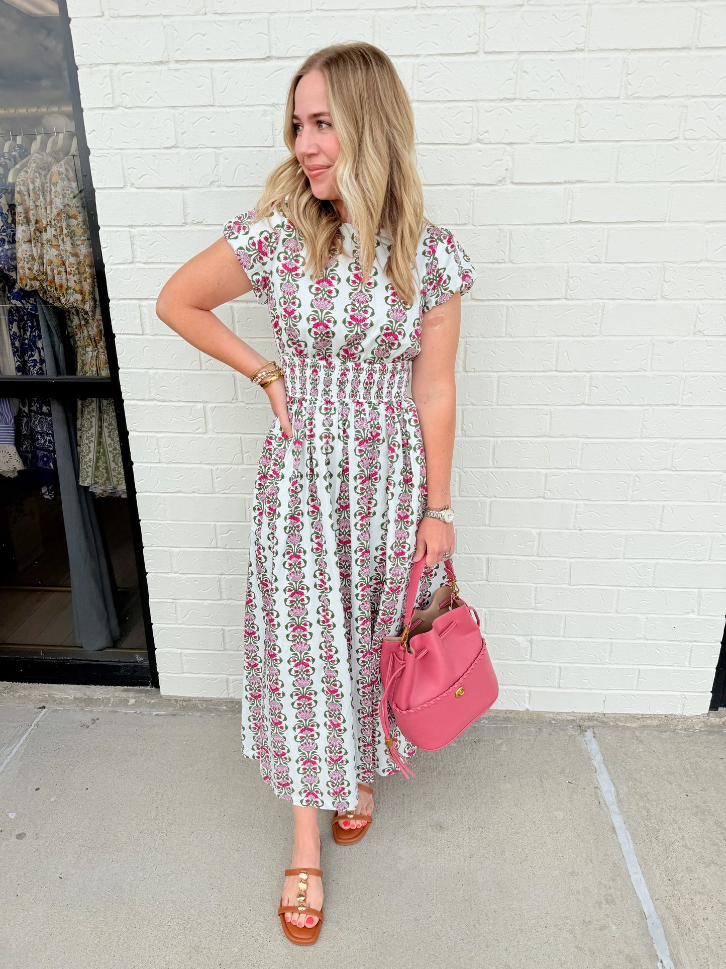Rosita Floral Stripe Smocked Waist Midi Dress