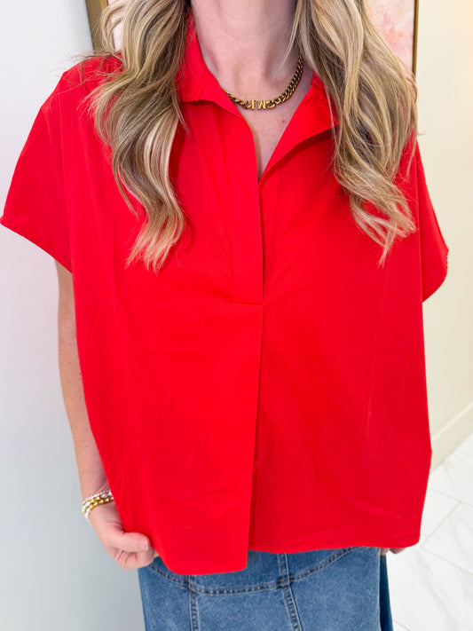 Rita Poplin Collar V-Neck Top