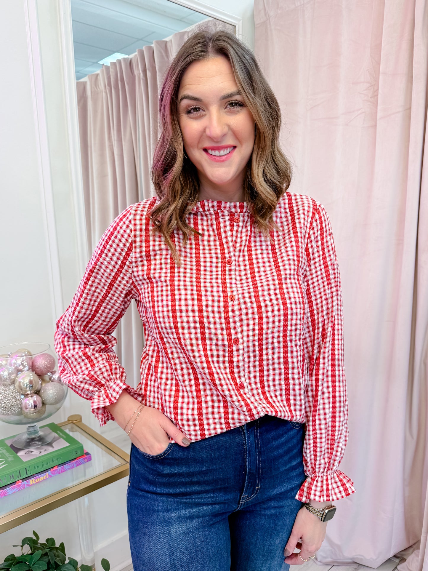 Lacey Gingham Ruffle Neck Blouse