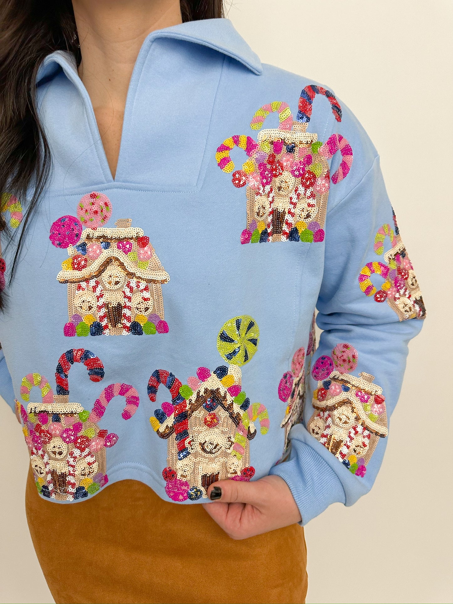 Sequin Gingerbread Houses Collar Sweatshirt