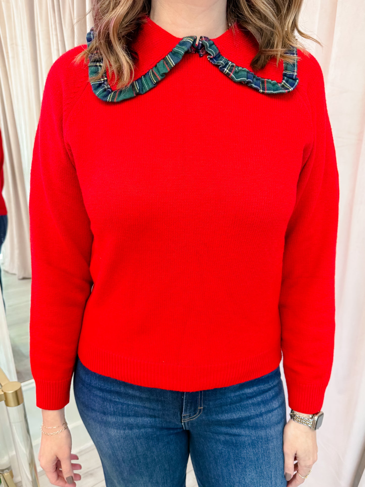 Annie Plaid Trim Ruffle Collar Sweater