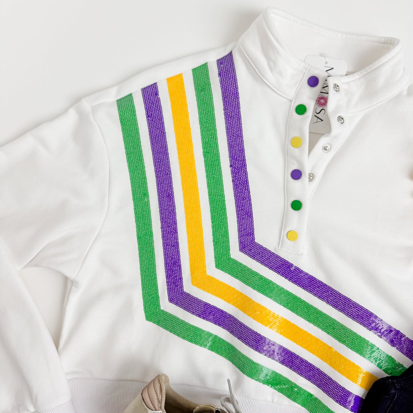 Diagonal Mardi Gras Stripe Henley Sweatshirt