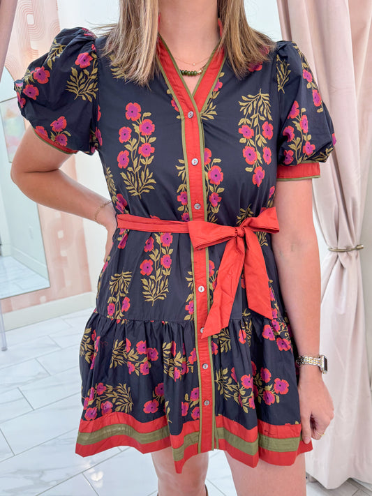Falling Floral Tie Waist Mini Dress