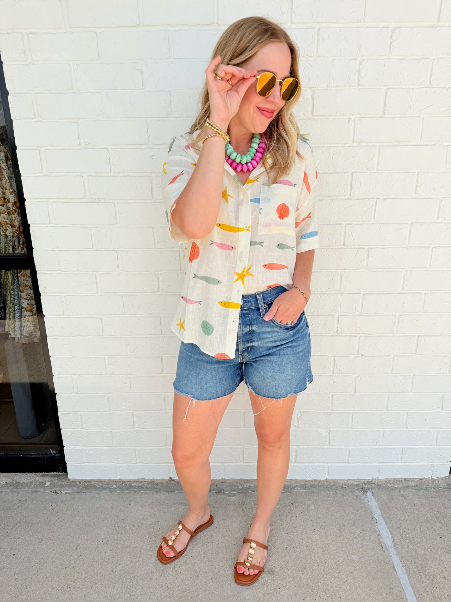 Multi Fish Shirt Button Up Top