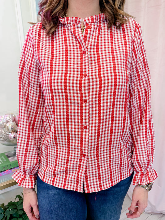 Lacey Gingham Ruffle Neck Blouse