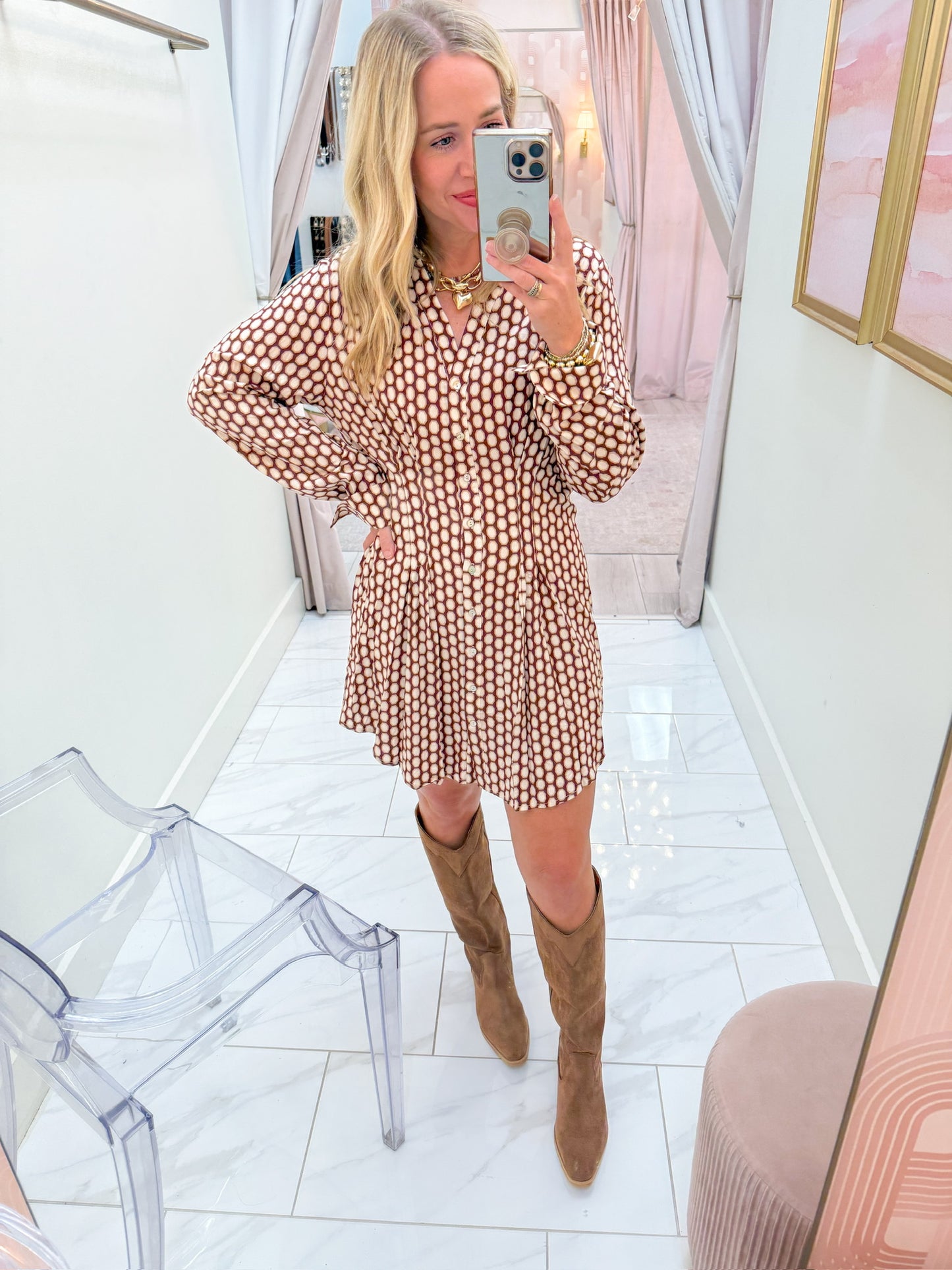 Retro Honeycomb Shirt Dress