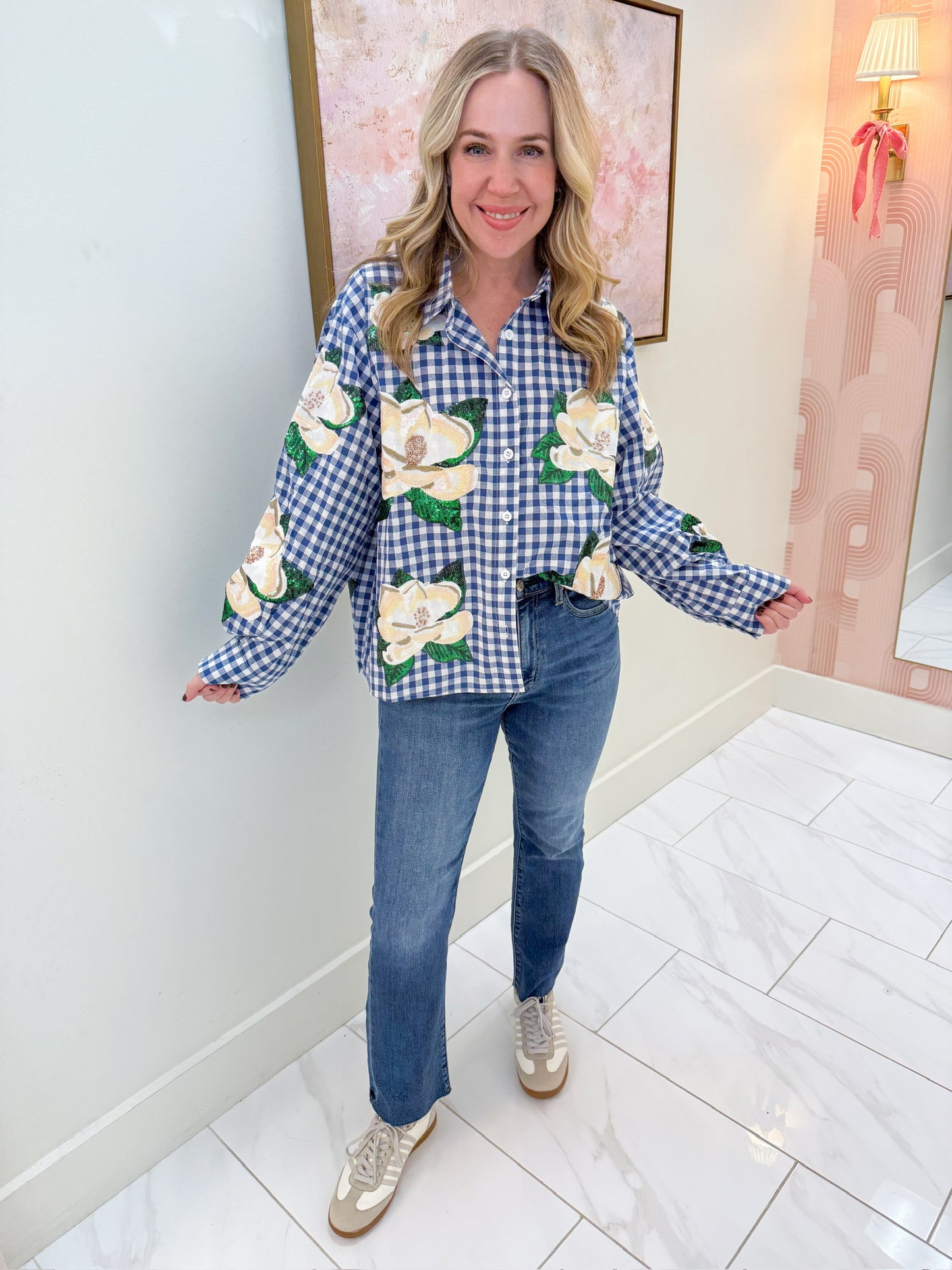 Checkered Scattered Magnolia Button Up Top