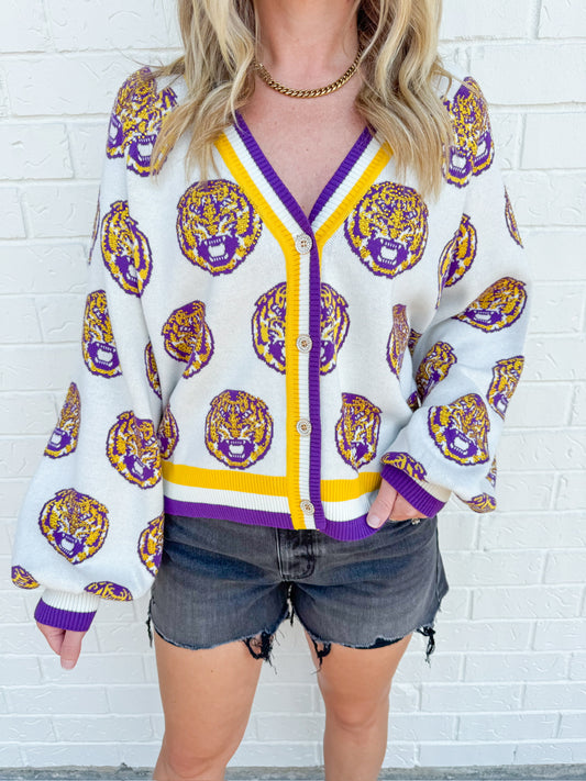 LSU Knit In Mascot Rhinestone Cardigan