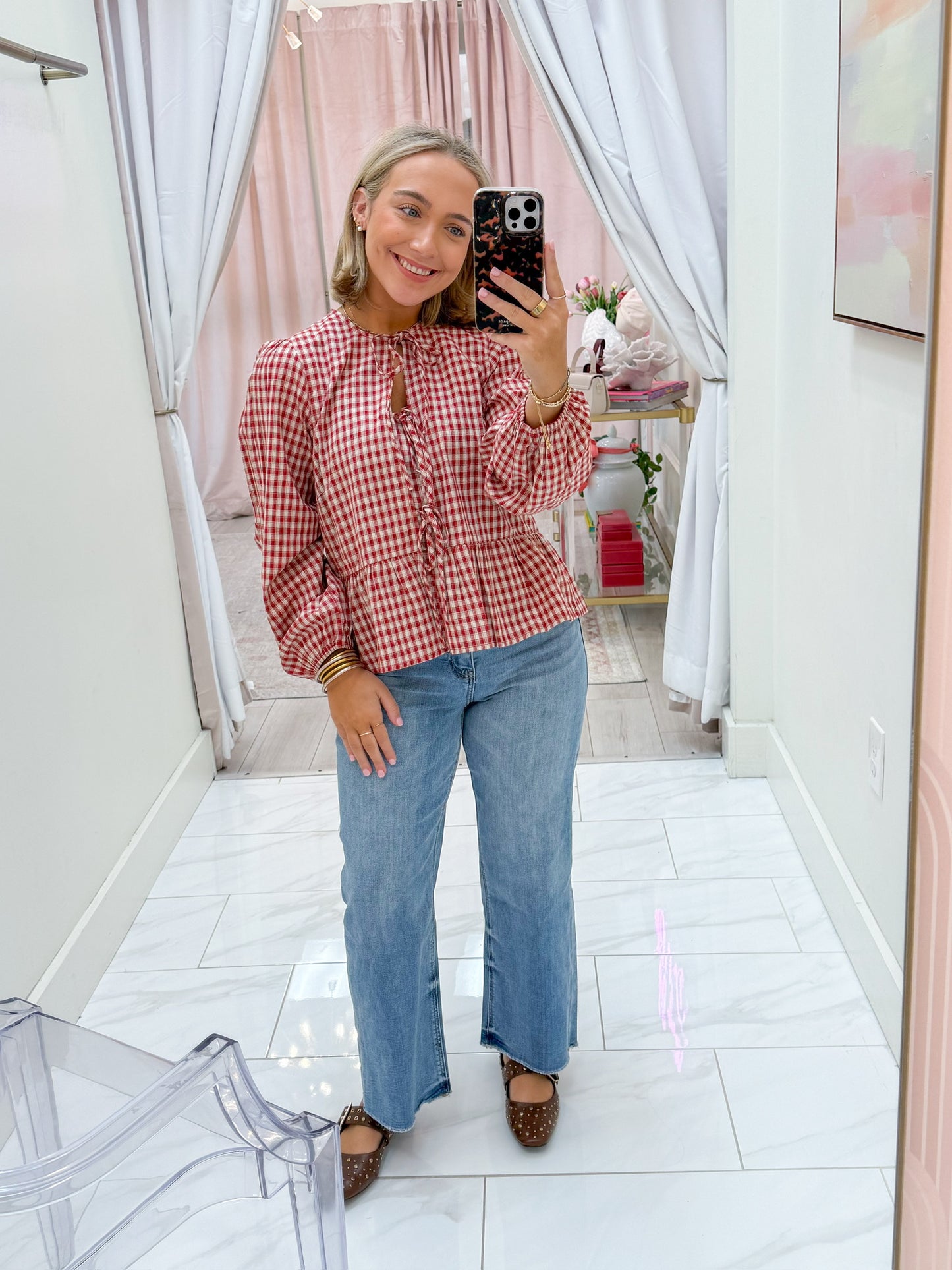 Cadence Plaid Long Sleeve Tie Top