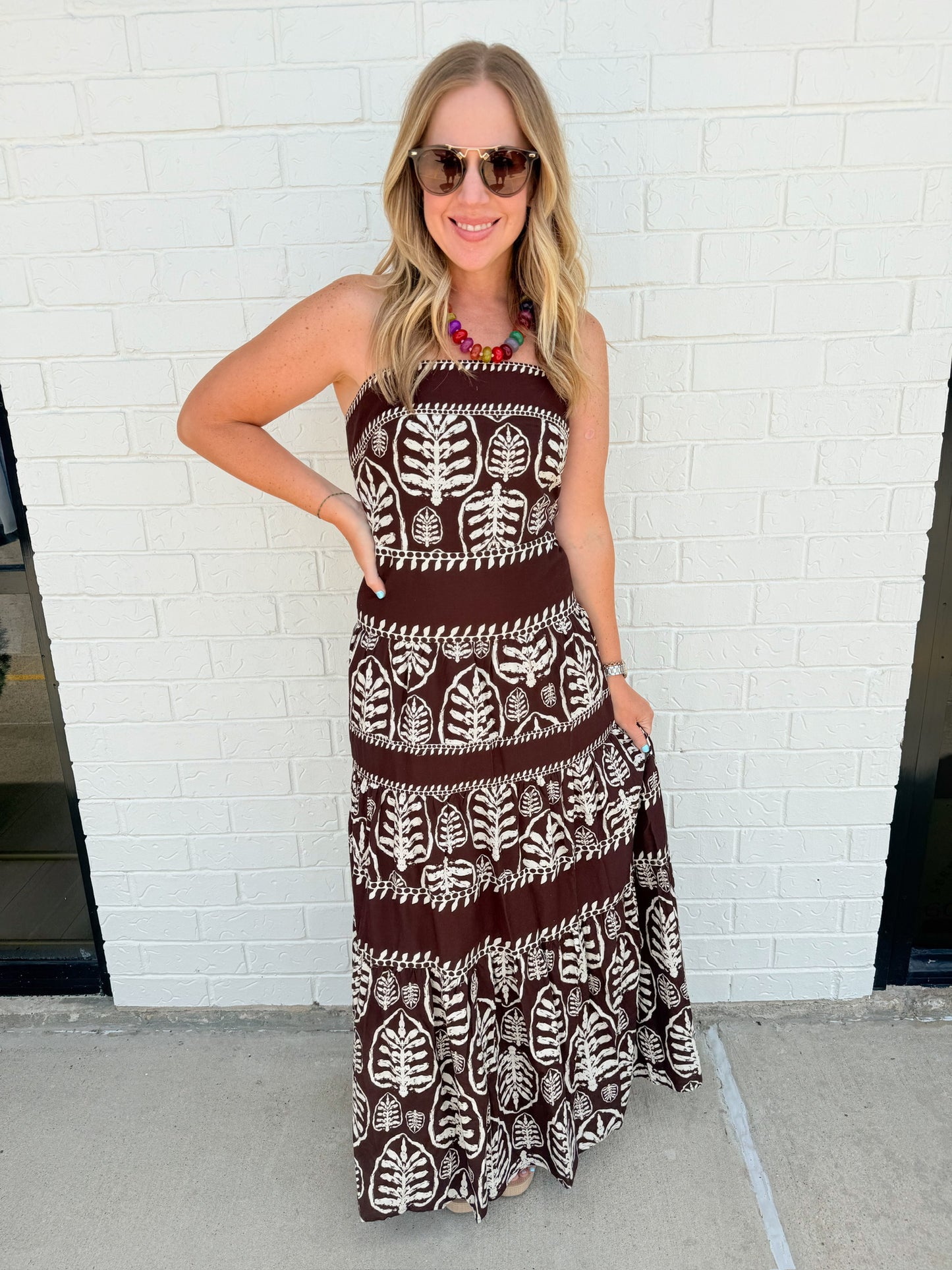 Leaf Print Tiered Maxi Dress