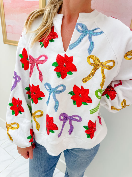 Sequin Bows & Poinsettia Sweatshirt