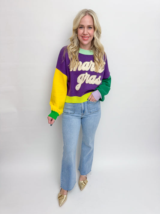 Colorblock Fuzzy Mardi Gras Sweater