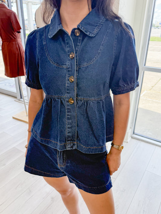 Klein Collared Denim Top & Short Set