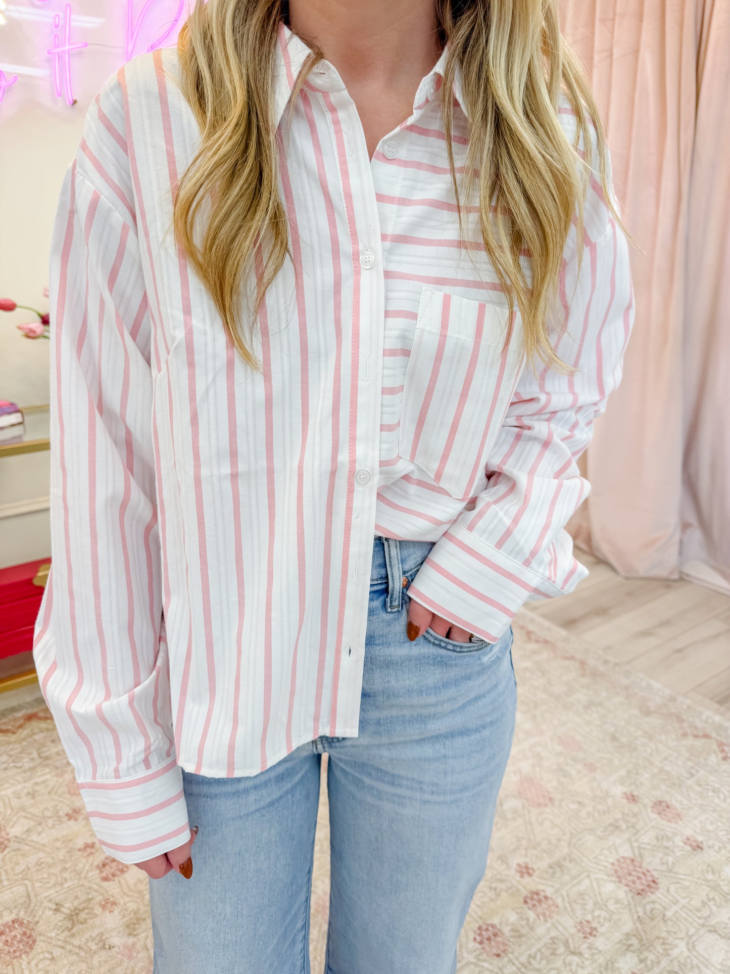 Shelby Pleat Back Stripe Button Up