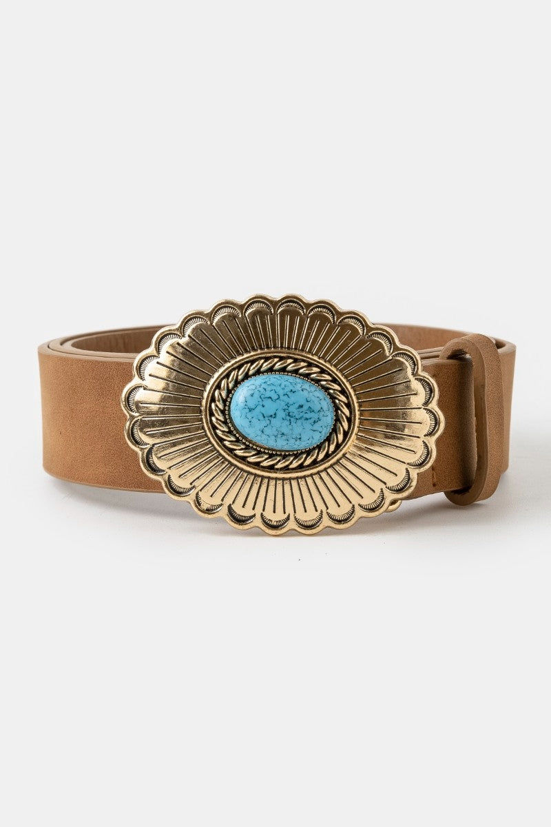 Large Western Turquoise Buckle Vegan Leather Belt