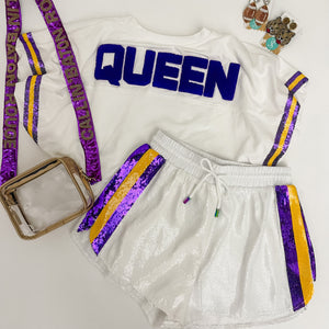 Sequin Short With Purple & Yellow Side Stripe