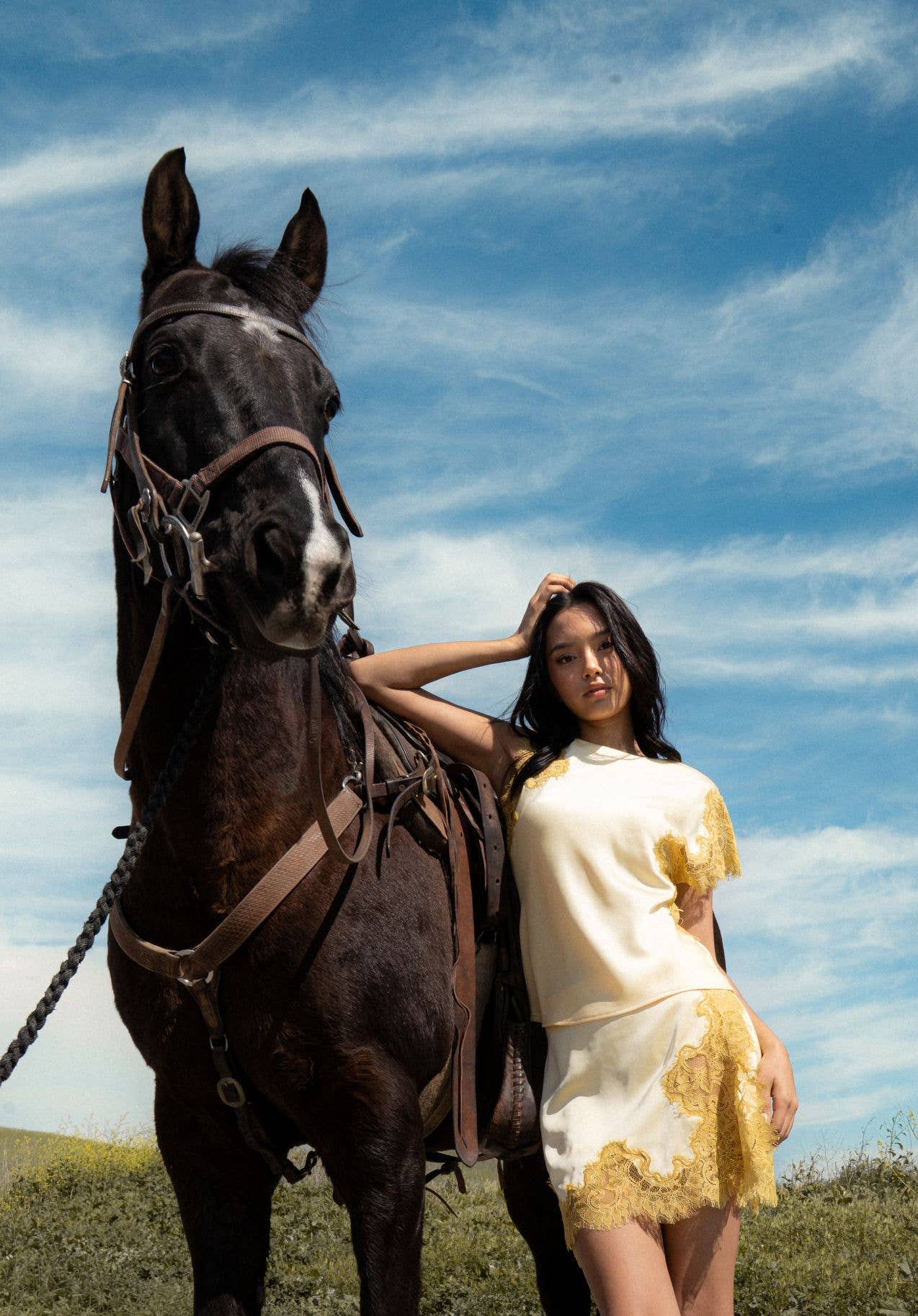 Gold Lace Trim Asymmetrical Top