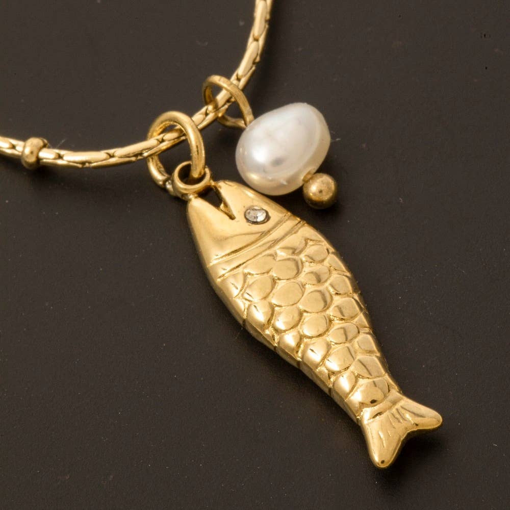 Stainless Steel Fish And Pearl Necklace