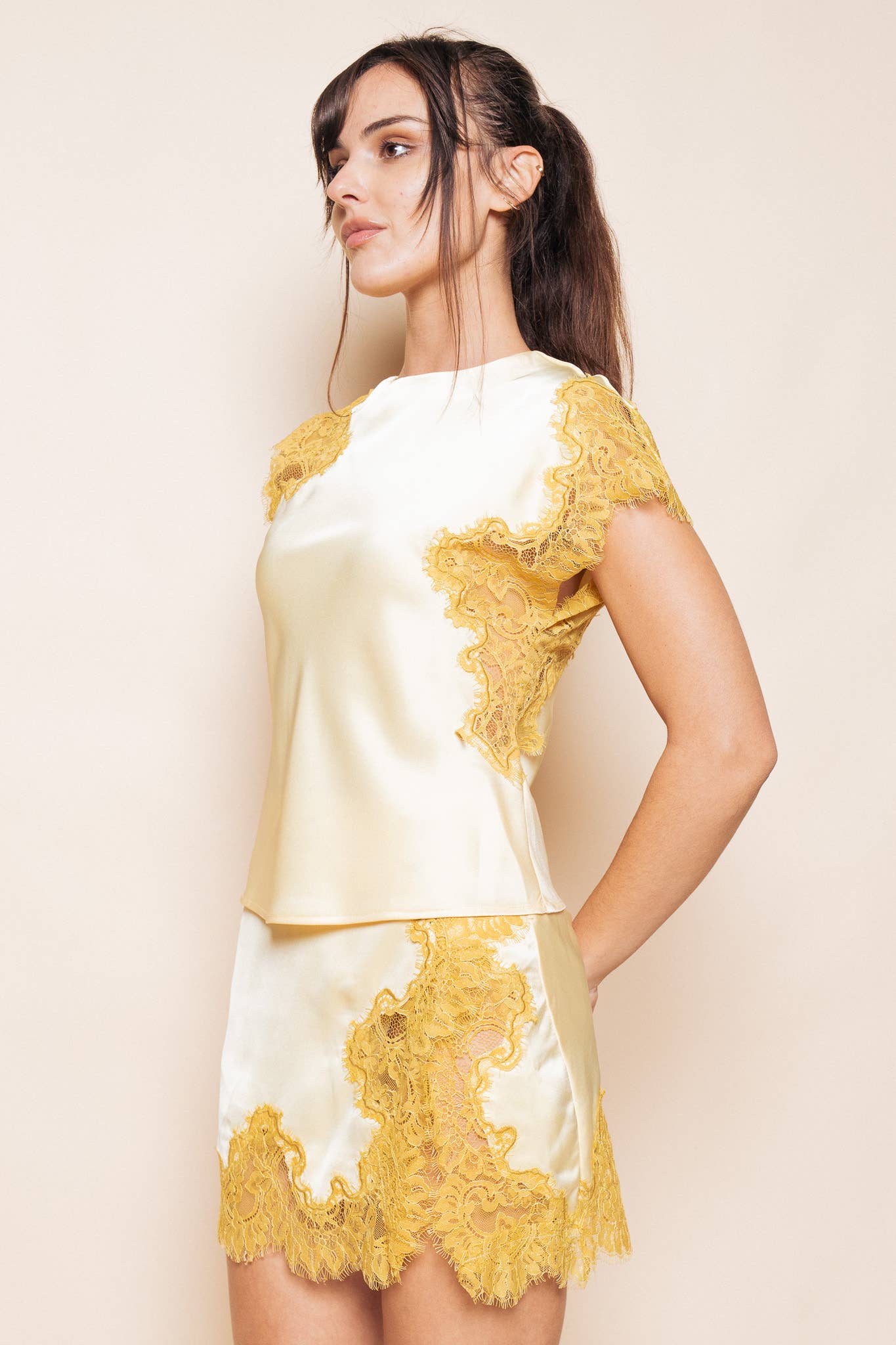 Gold Lace Trim Asymmetrical Top