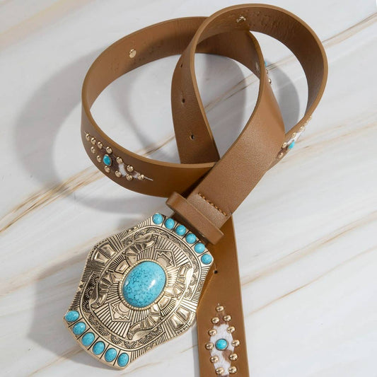 Turq Stone Western Concho Buckle Leather Belt