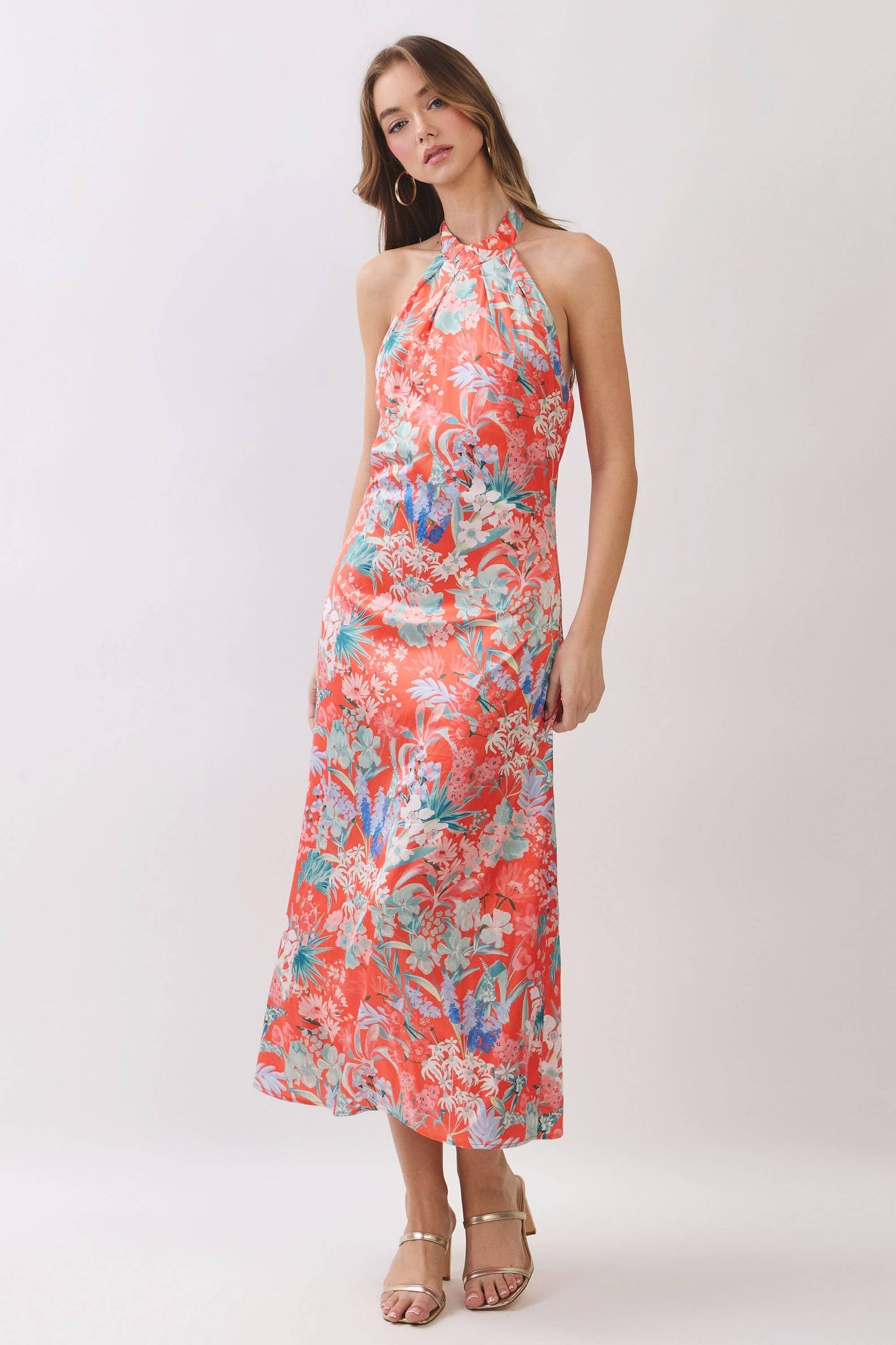 Tropical Floral Print Halter Midi Dress