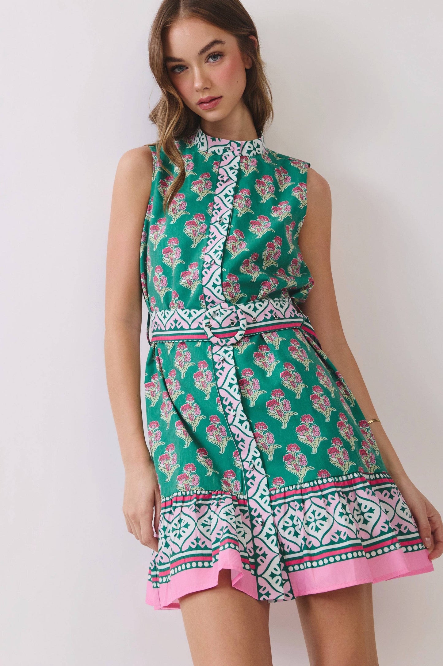 Floral Border Print Belted Mini Dress