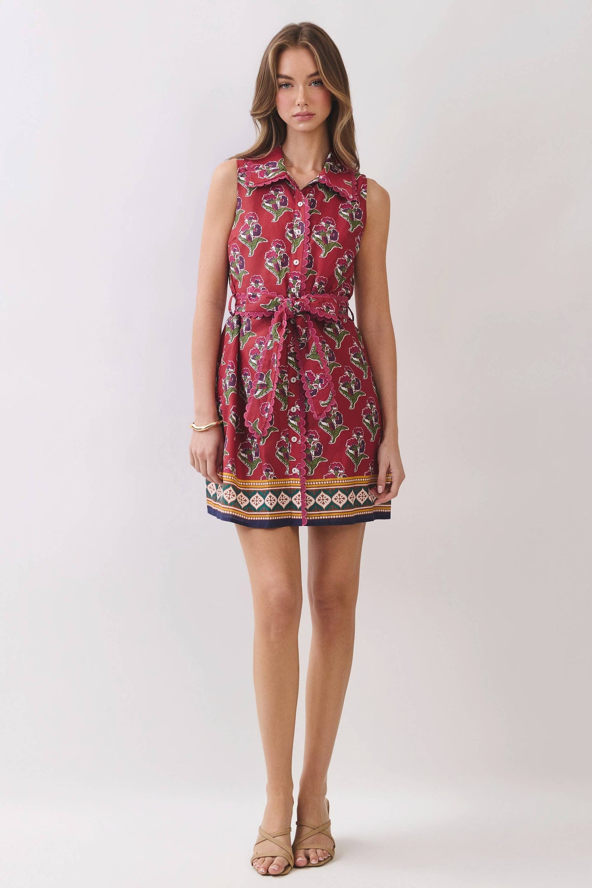 Floral Print Belted Mini Shirt Dress