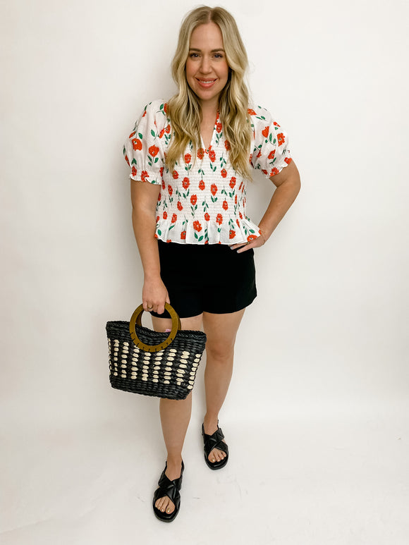 Smocked Poppy Printed Blouse