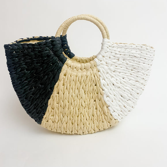 Neutral Color Block Straw Handbag